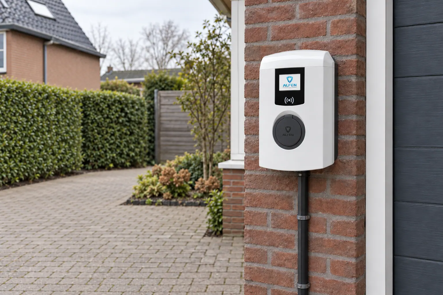 AI-sfeerbeeld: Alfen Eve Single Pro-line bij een woning, zonder auto