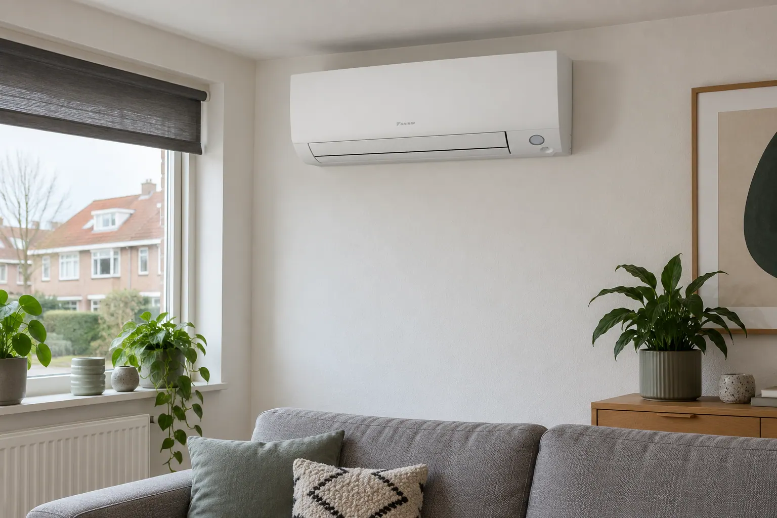 AI-sfeerbeeld: Airco in de woonkamer — Daikin Perfera FTXM-A