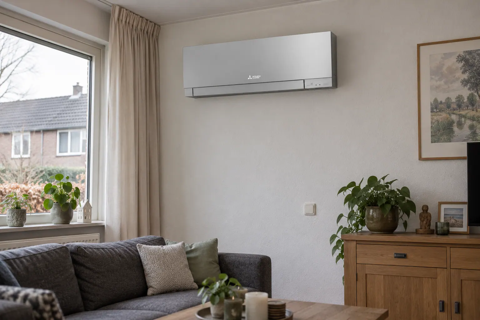 AI-sfeerbeeld: Een airco bij een gezinswoning — Mitsubishi Electric MSZ-EF