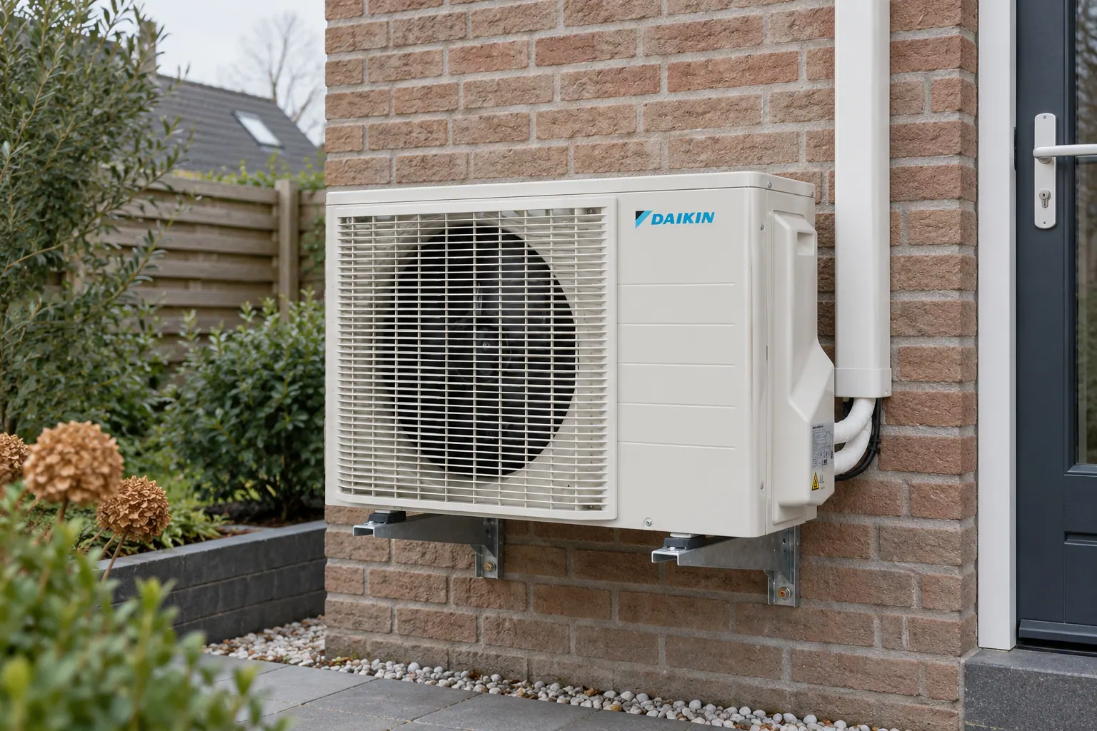 AI-sfeerbeeld: Een buitenunit aan de achtergevel — Daikin RXM-A