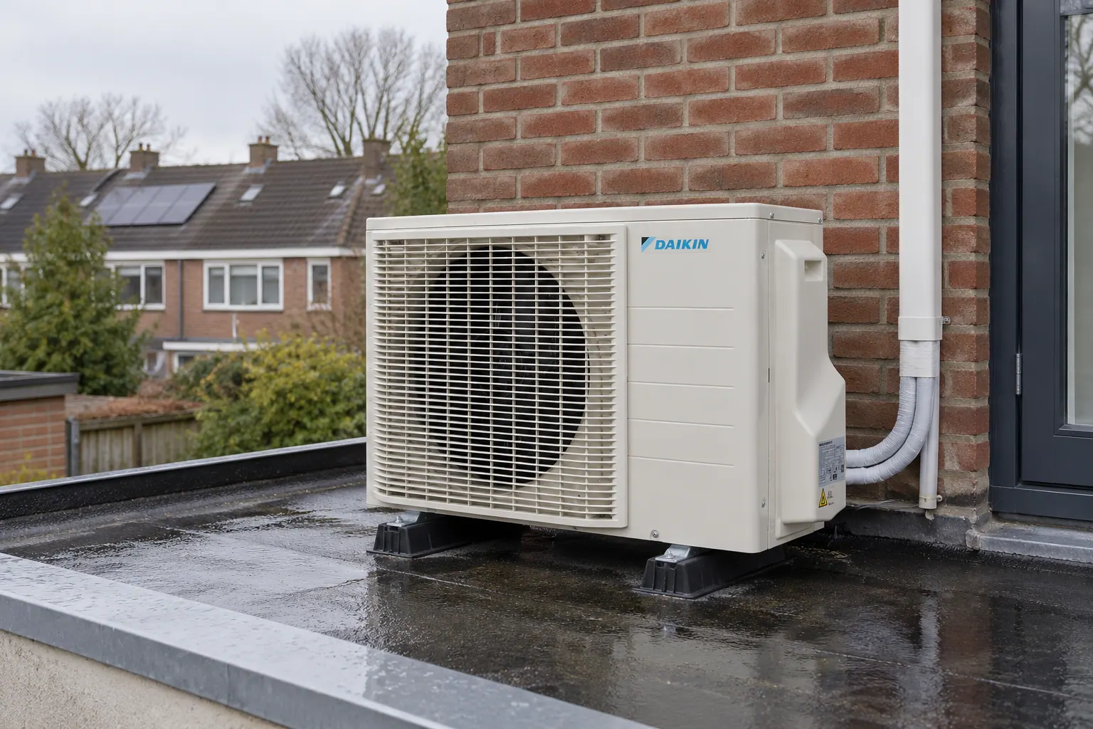 AI-sfeerbeeld: Een buitenunit op een aanbouw — Daikin RXM-A