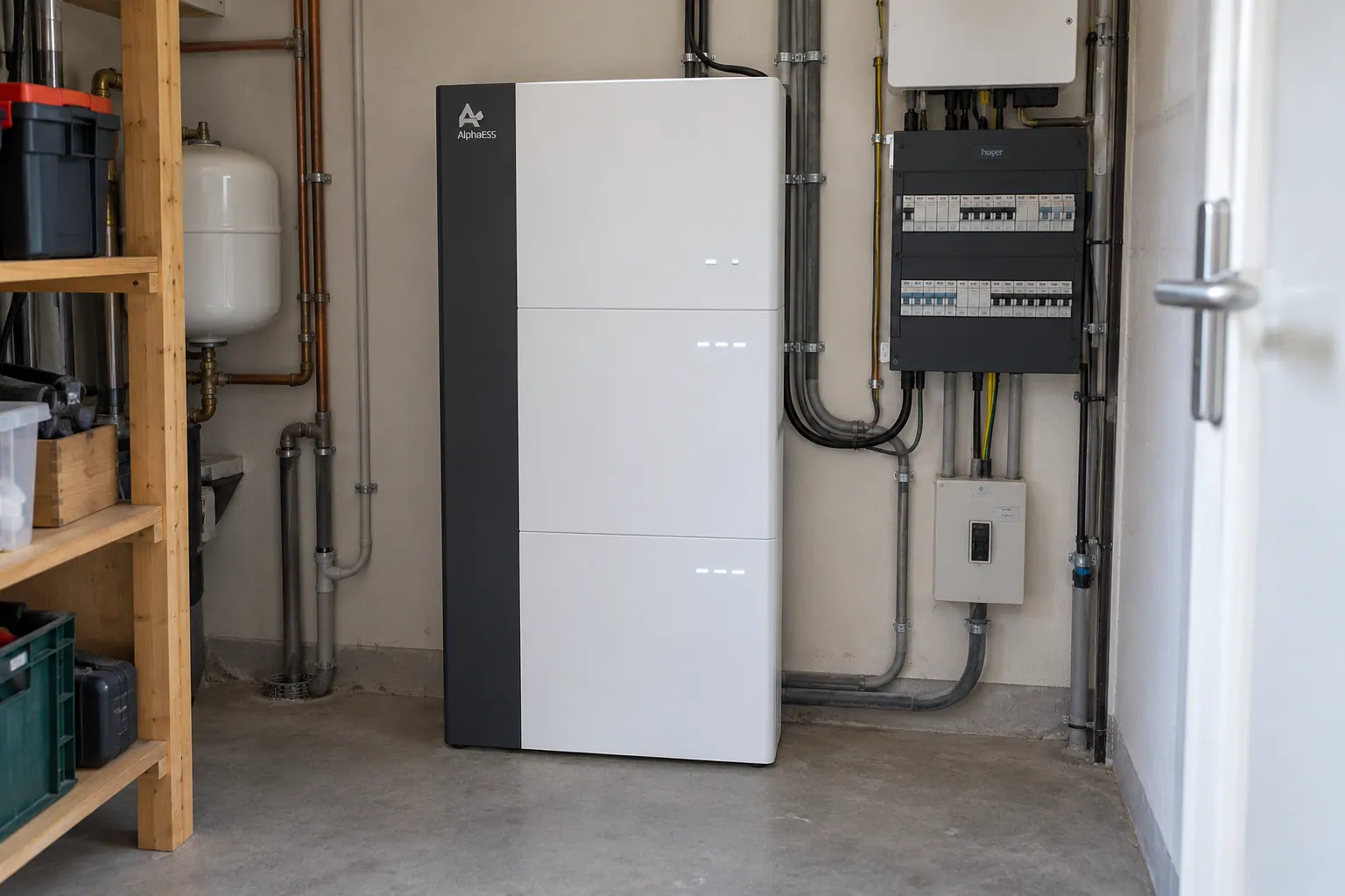 AI-sfeerbeeld: Energieopslag in de technische ruimte — AlphaESS SMILE-G3-T10