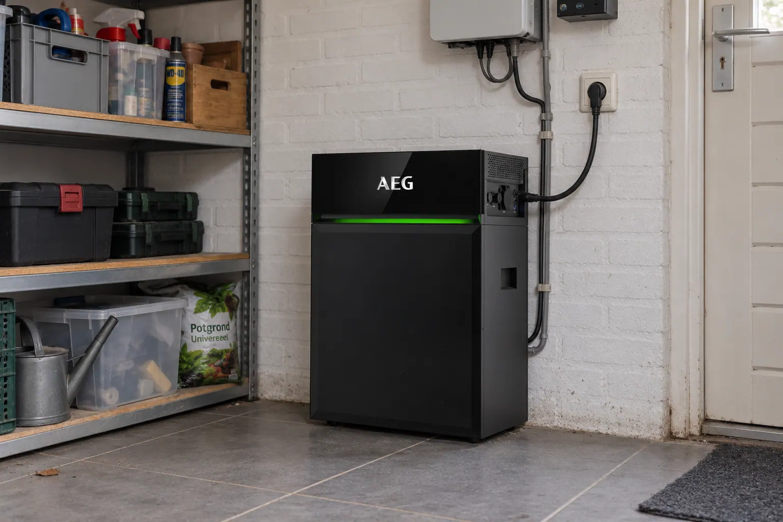 AI-sfeerbeeld: AEG op een garagevloer — AEG Solarcube