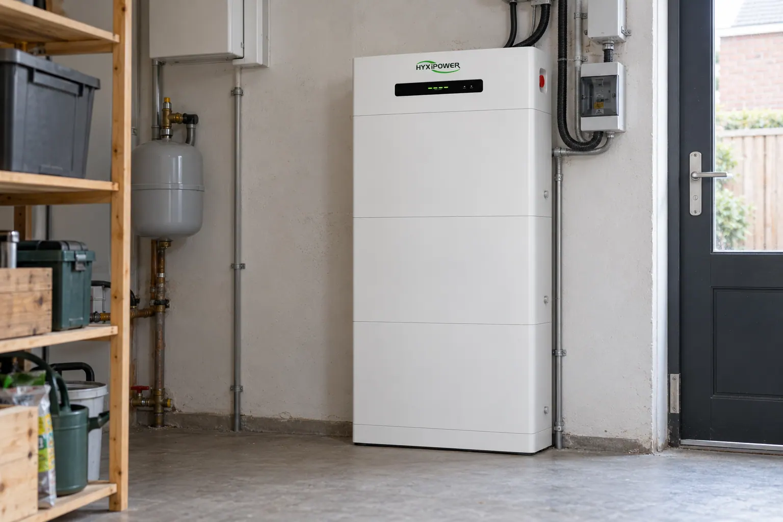 AI-sfeerbeeld: Energieopslag bij een rijtjeswoning — Hyxipower HYX-E150-H2