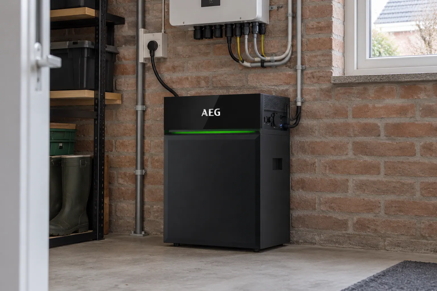 AI-sfeerbeeld: Een batterij in een technische aanbouw — AEG Solarcube