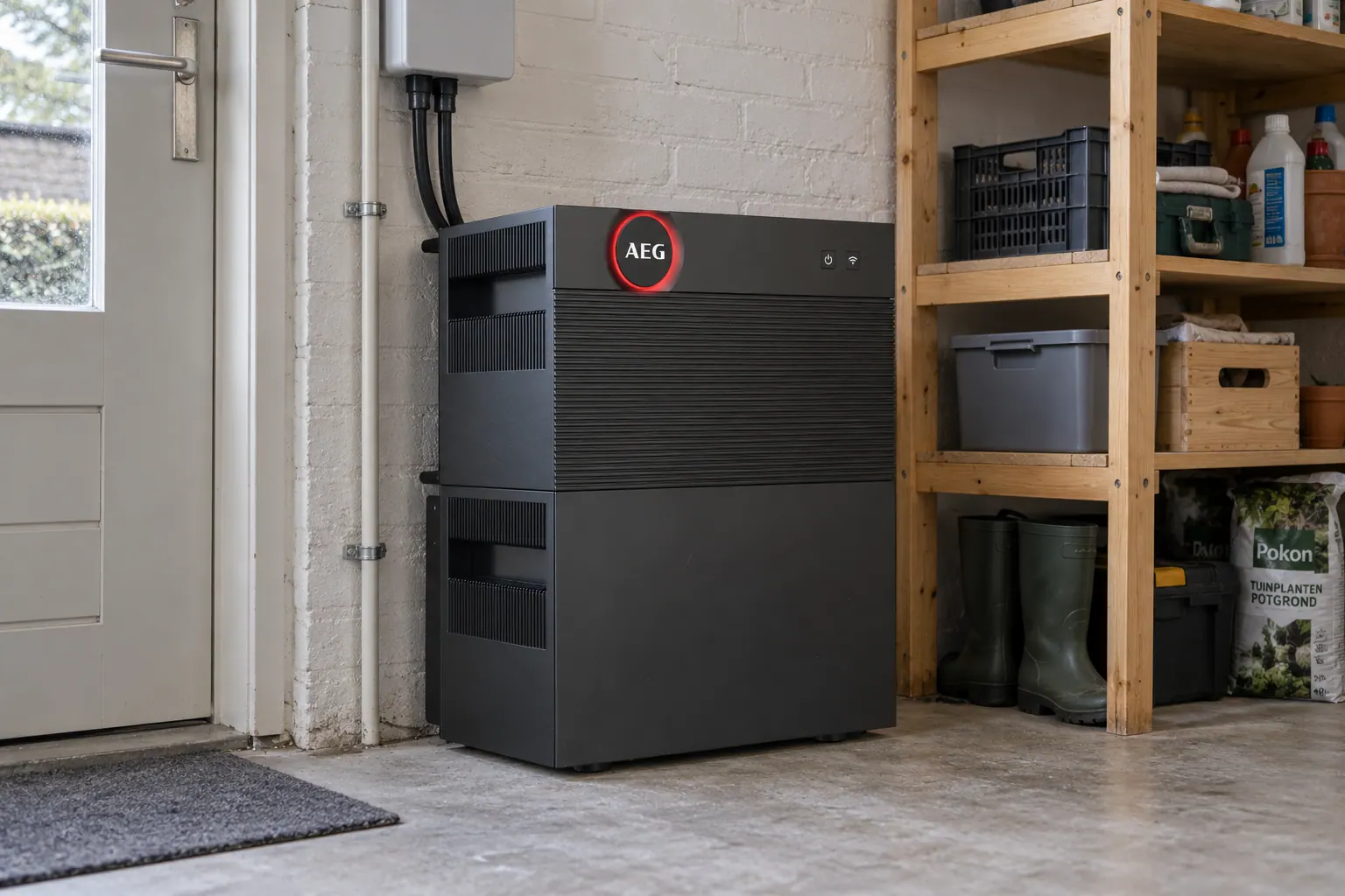 AI-sfeerbeeld: AEG naast de meterkastruimte — AEG Solarcube Pro