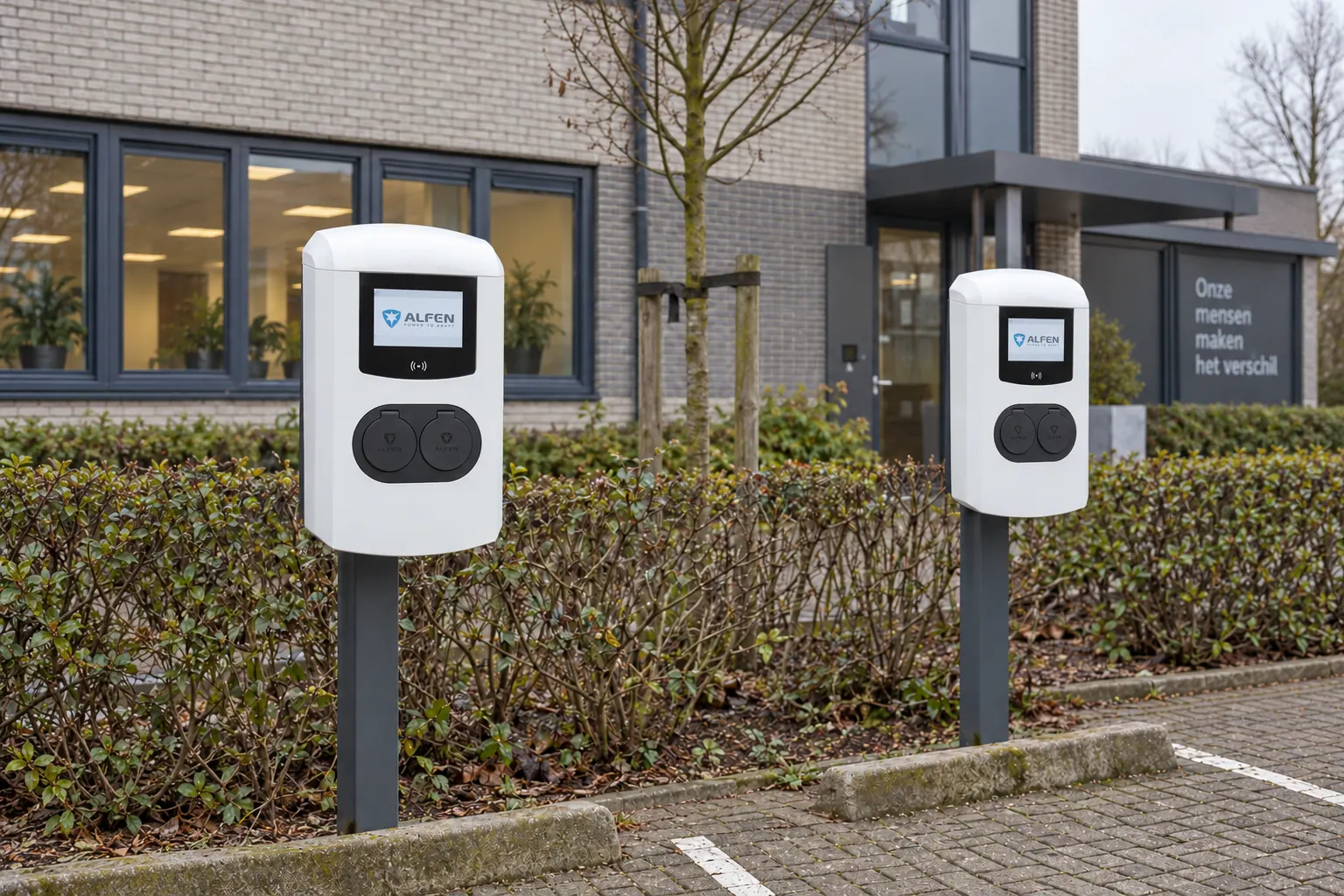 AI-sfeerbeeld: Laadpunten bij een kantoor — Alfen Eve Double Plus