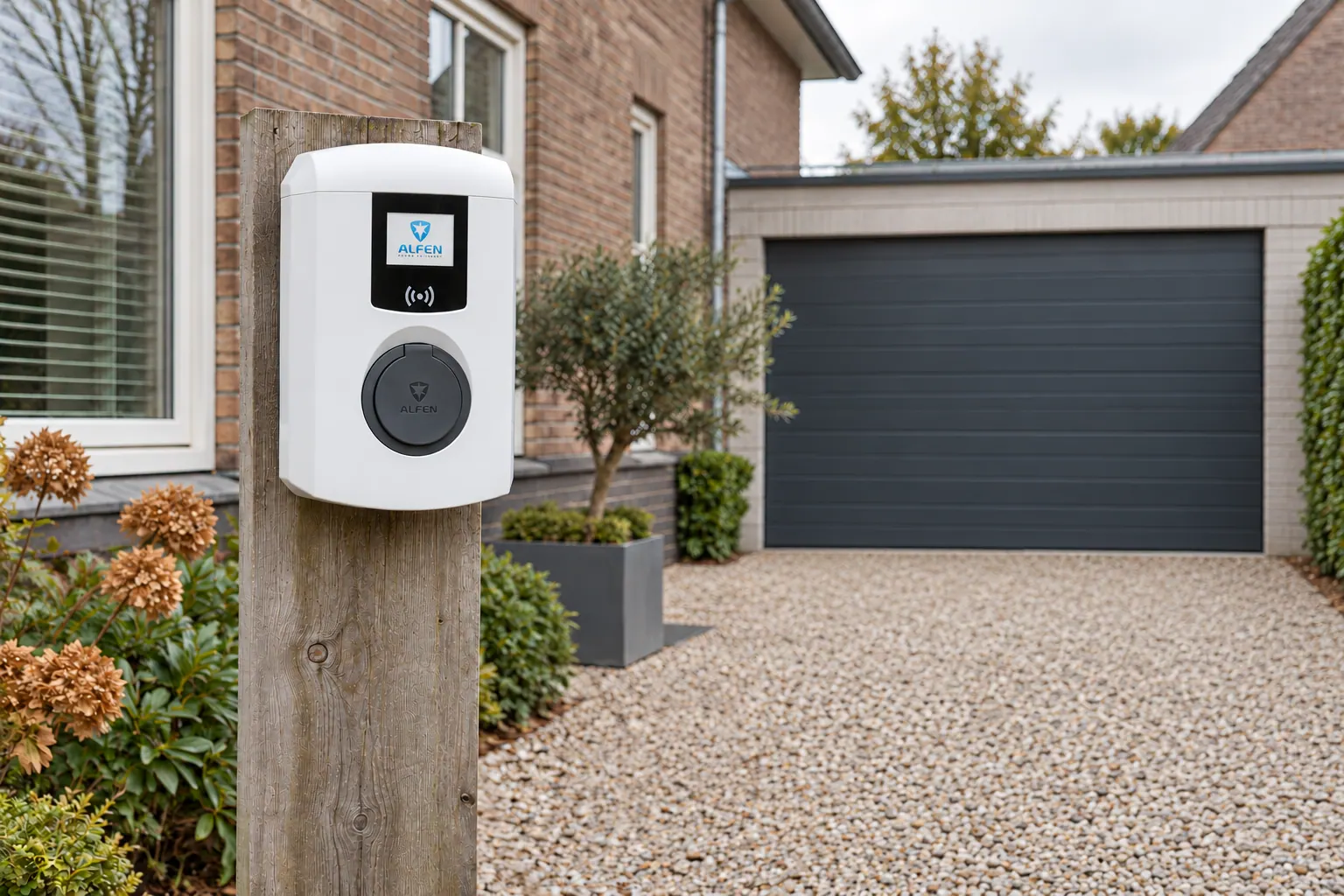 AI-sfeerbeeld: Een laadpunt bij een vrijstaande woning — Alfen Eve Single Pro-line