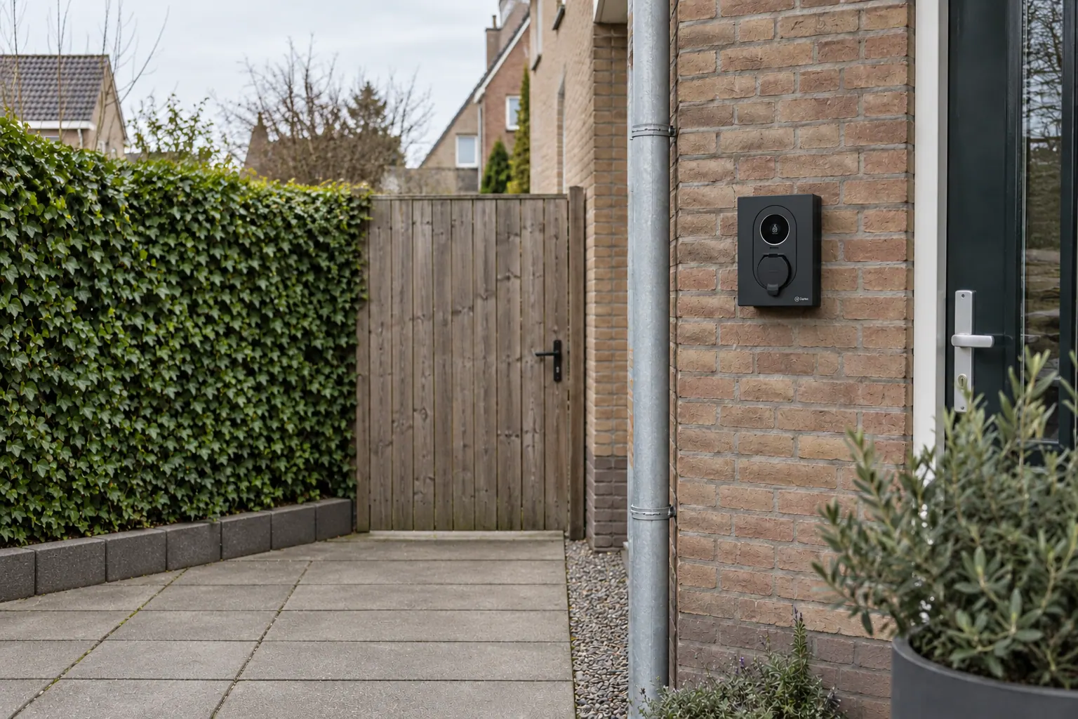 AI-sfeerbeeld: Een laadpunt bij een hoekwoning — Zaptec Go 2