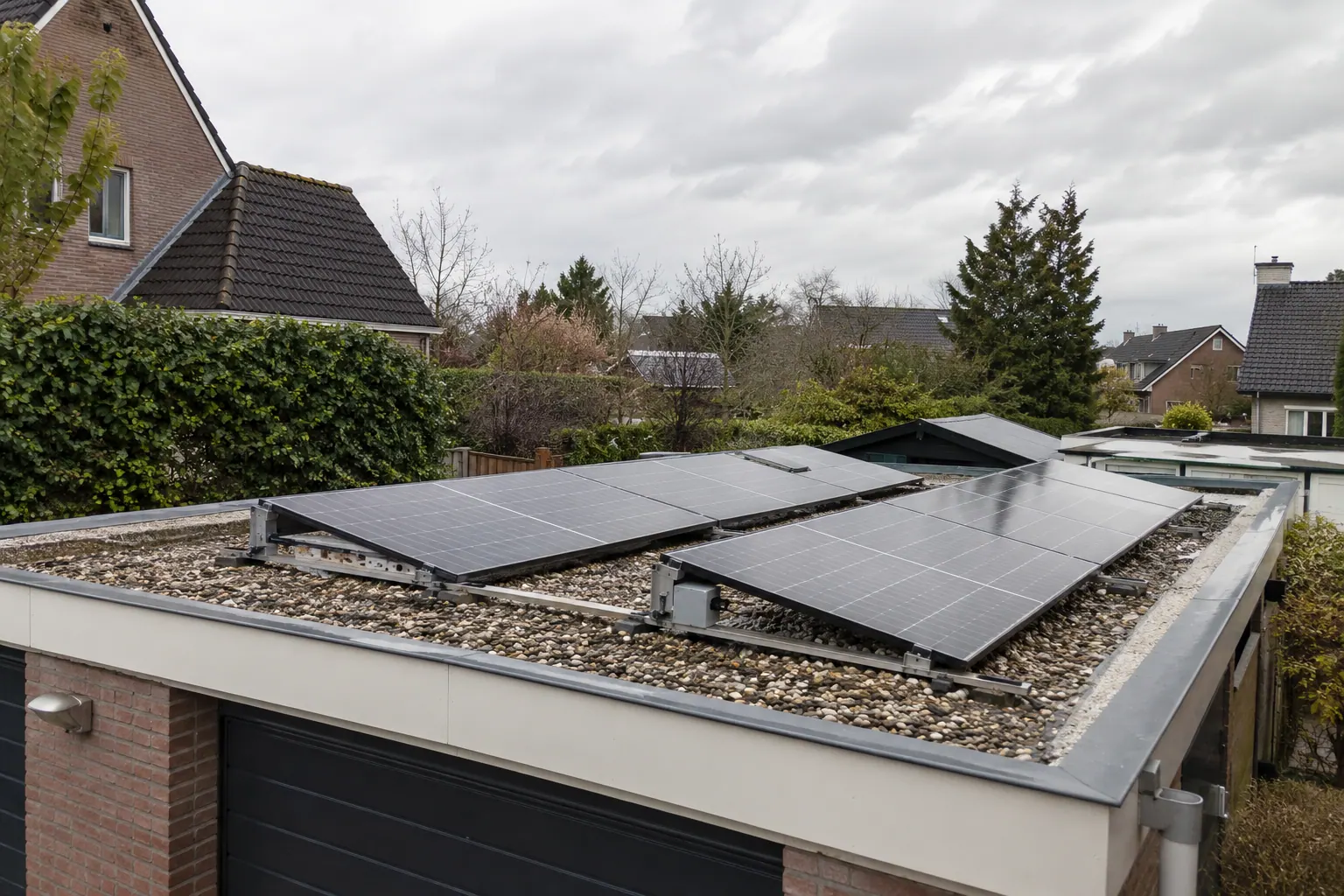 AI-sfeerbeeld: Zonnepanelen op een plat garagedak